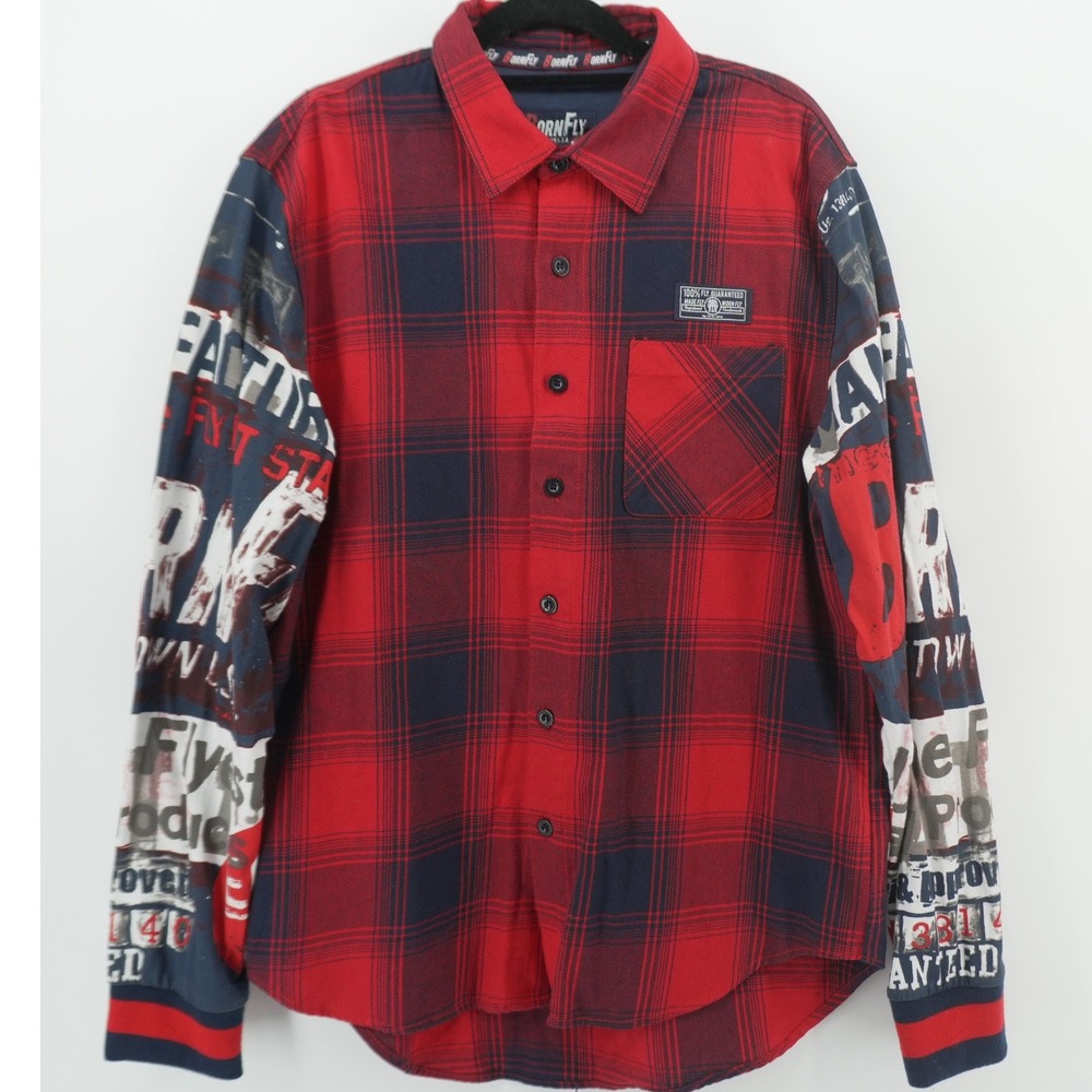 Born Fly Plaid Flannel Shirt Men Large Red Navy Graphic Sleeve Streetwear Button